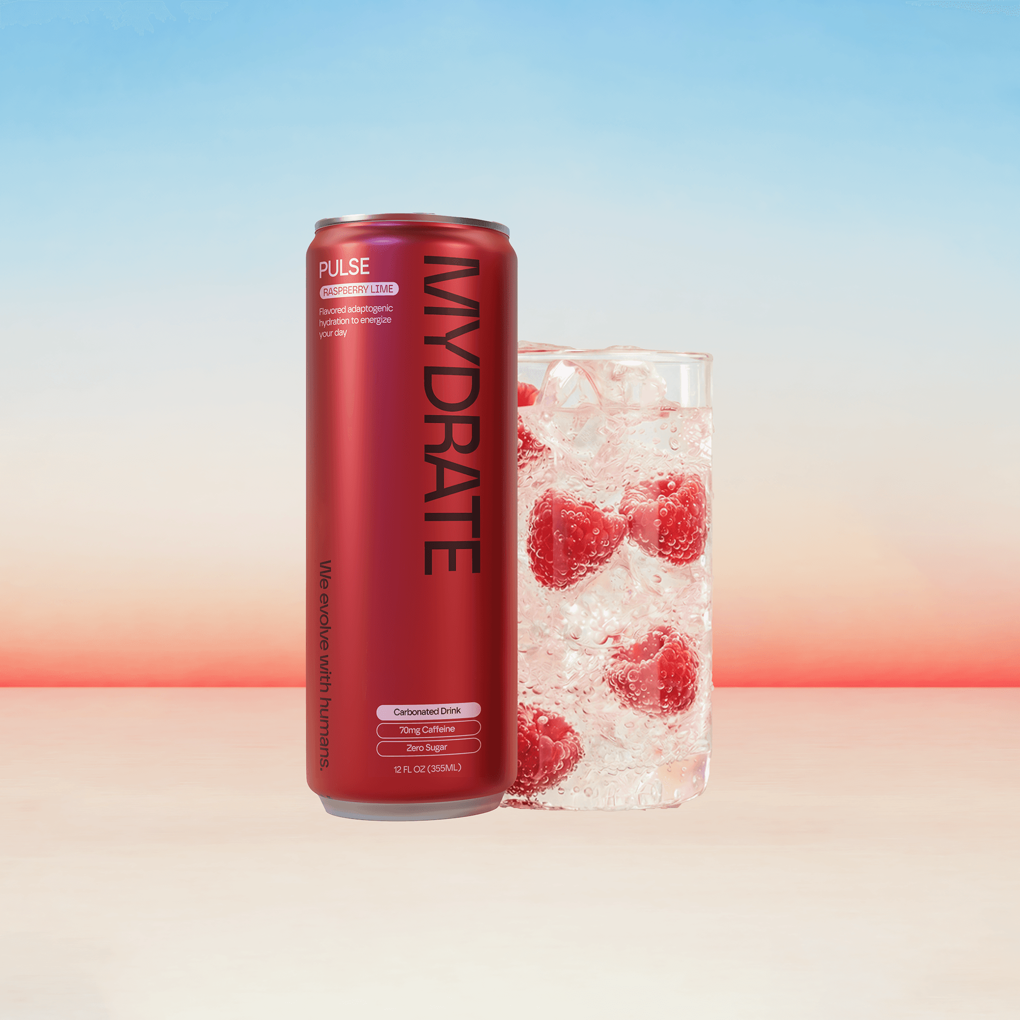 MYDRATE Pulse raspberry-lime hydration drink can beside an iced raspberry drink.
