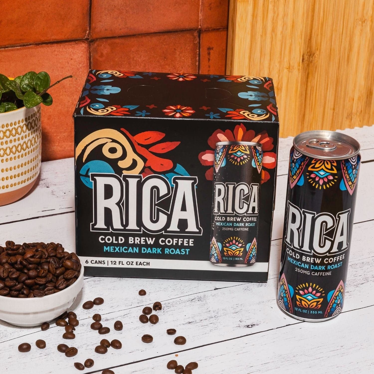 RICA Mexican Dark Roast cold-brew coffee can and six-pack carton.