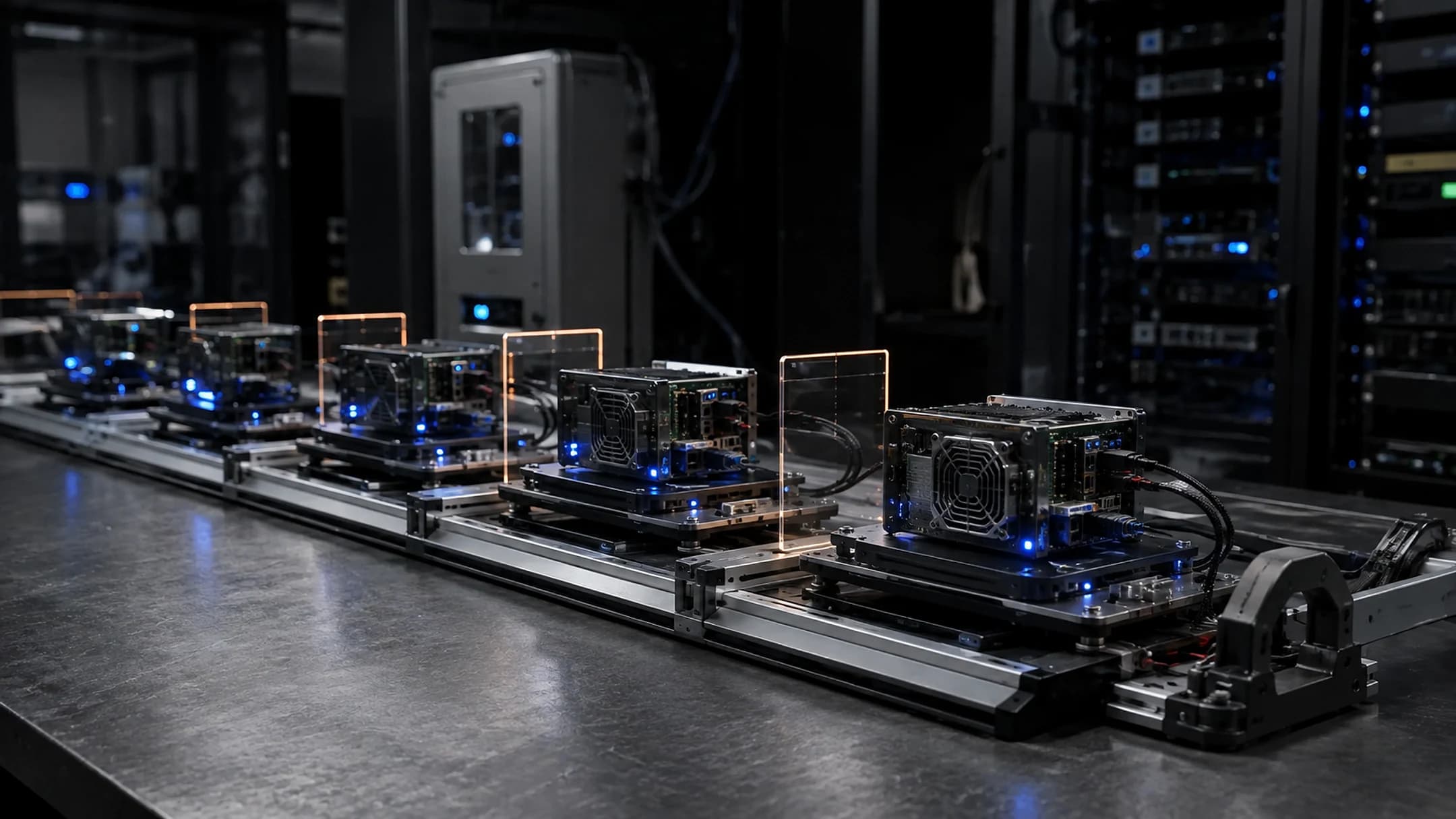 Enterprise AI compute modules moving through successive evaluation stations in a working technology lab.