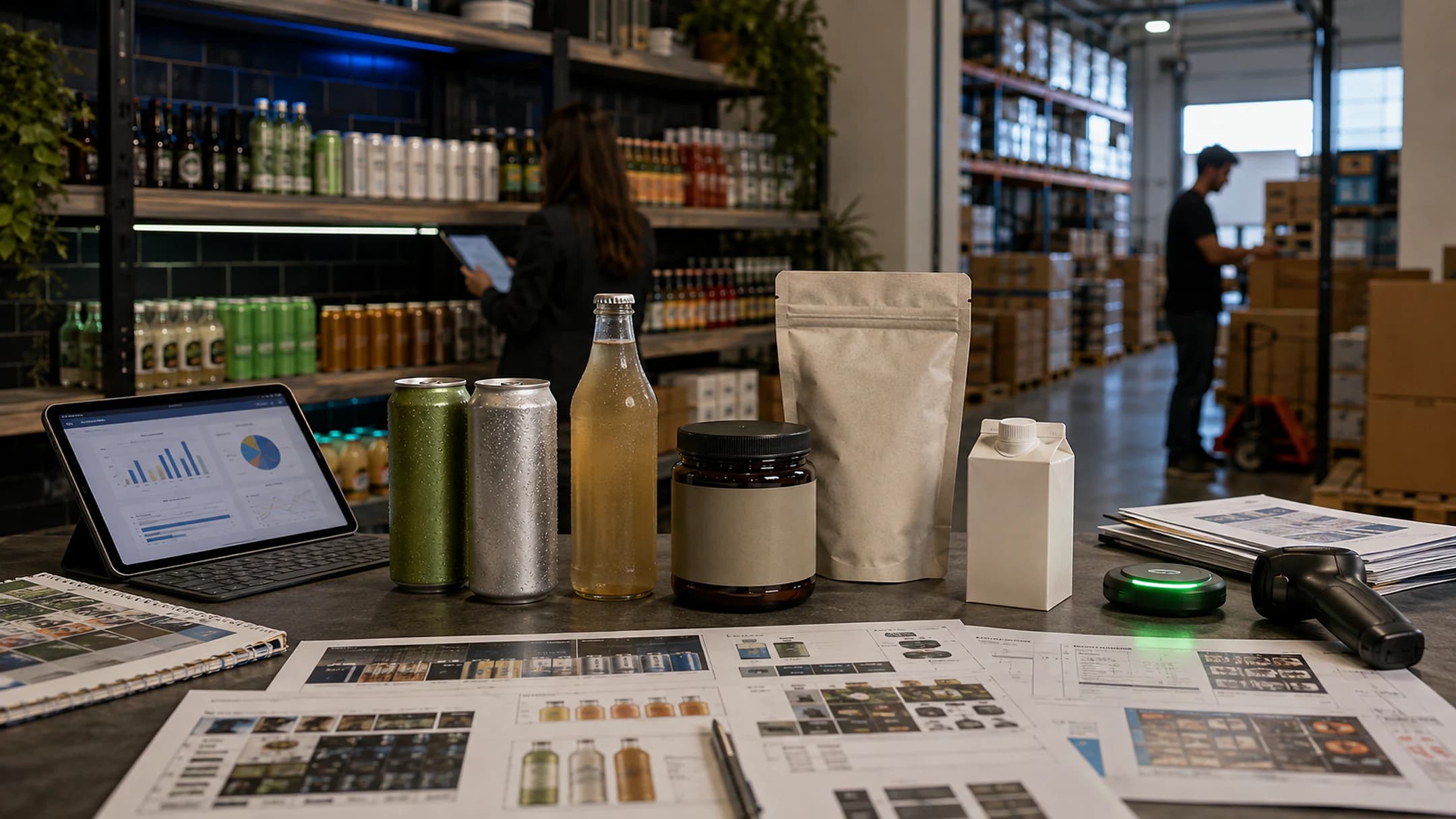 CPG beverage, supplement, and packaged-food samples arranged for retail planning inside a working distribution showroom.