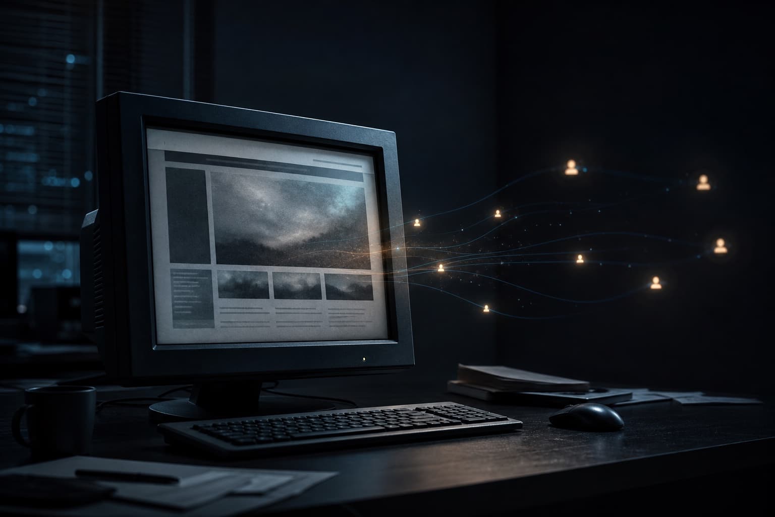 An aging desktop computer displaying an outdated website while glowing lead signals drift away into the dark.