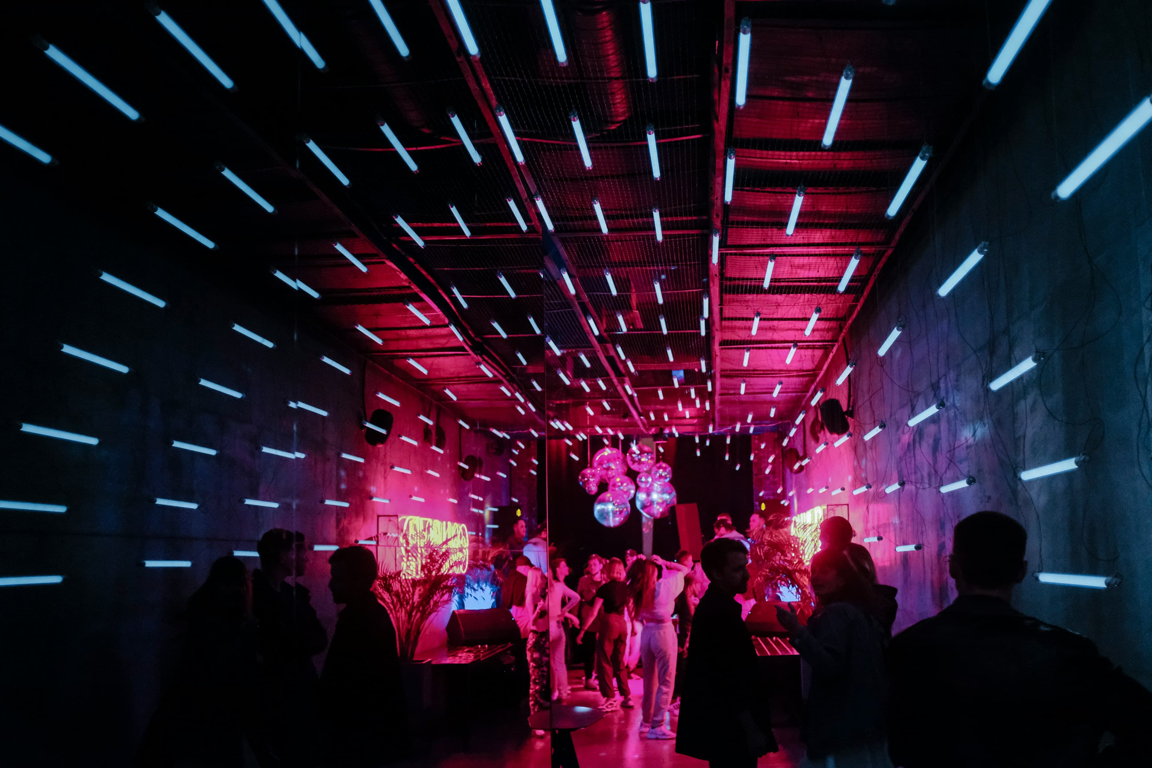 Upscale nightclub lounge interior with ambient lighting