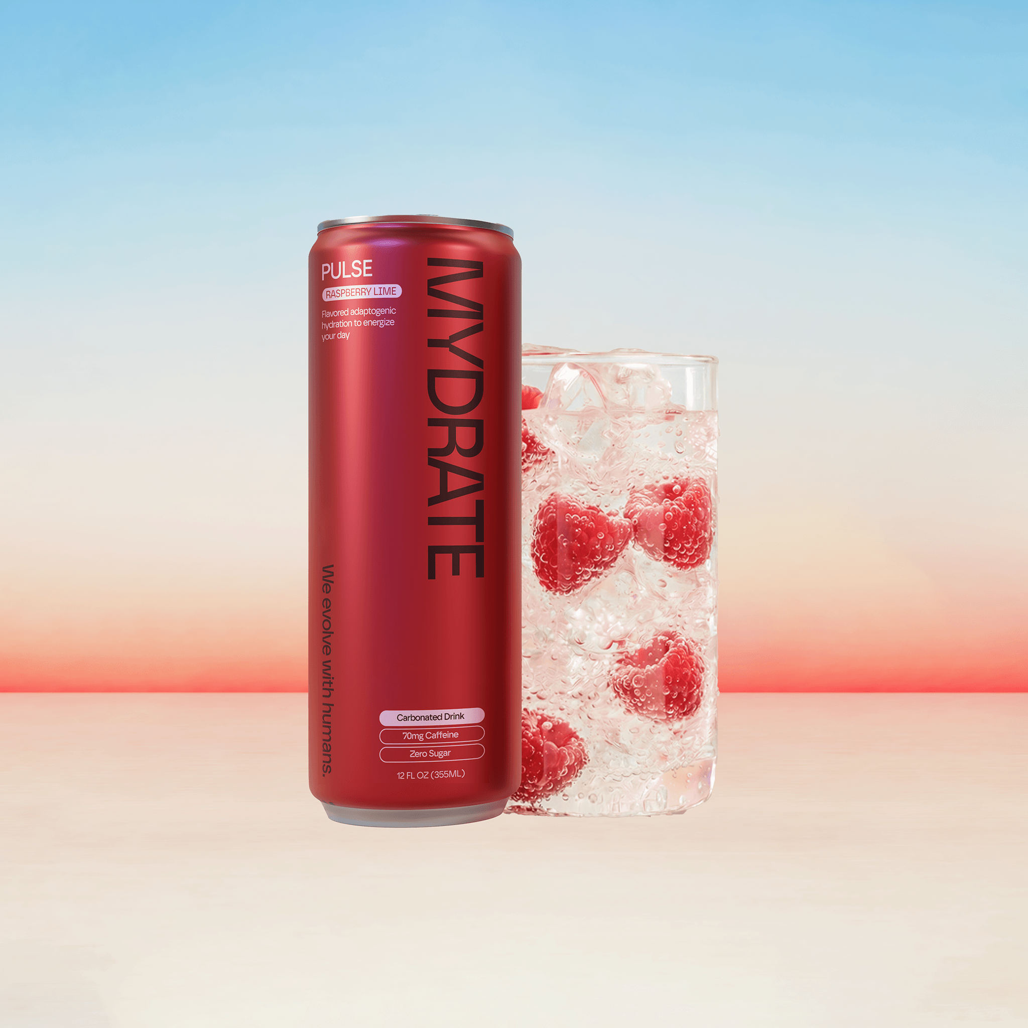 MYDRATE Pulse raspberry-lime hydration drink can beside an iced raspberry drink.