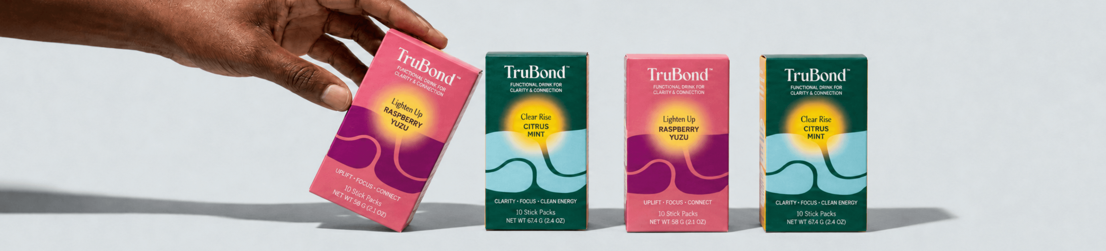 TruBond functional beverage cartons shown together in a wide brand product photo.
