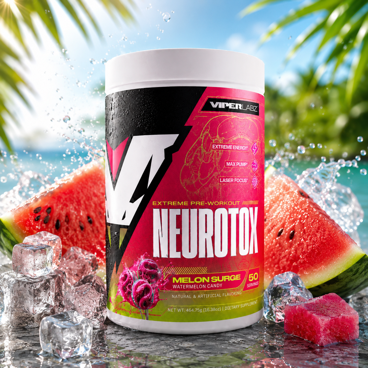 Viper Labz Neurotox Melon Surge pre-workout tub with watermelon and ice.
