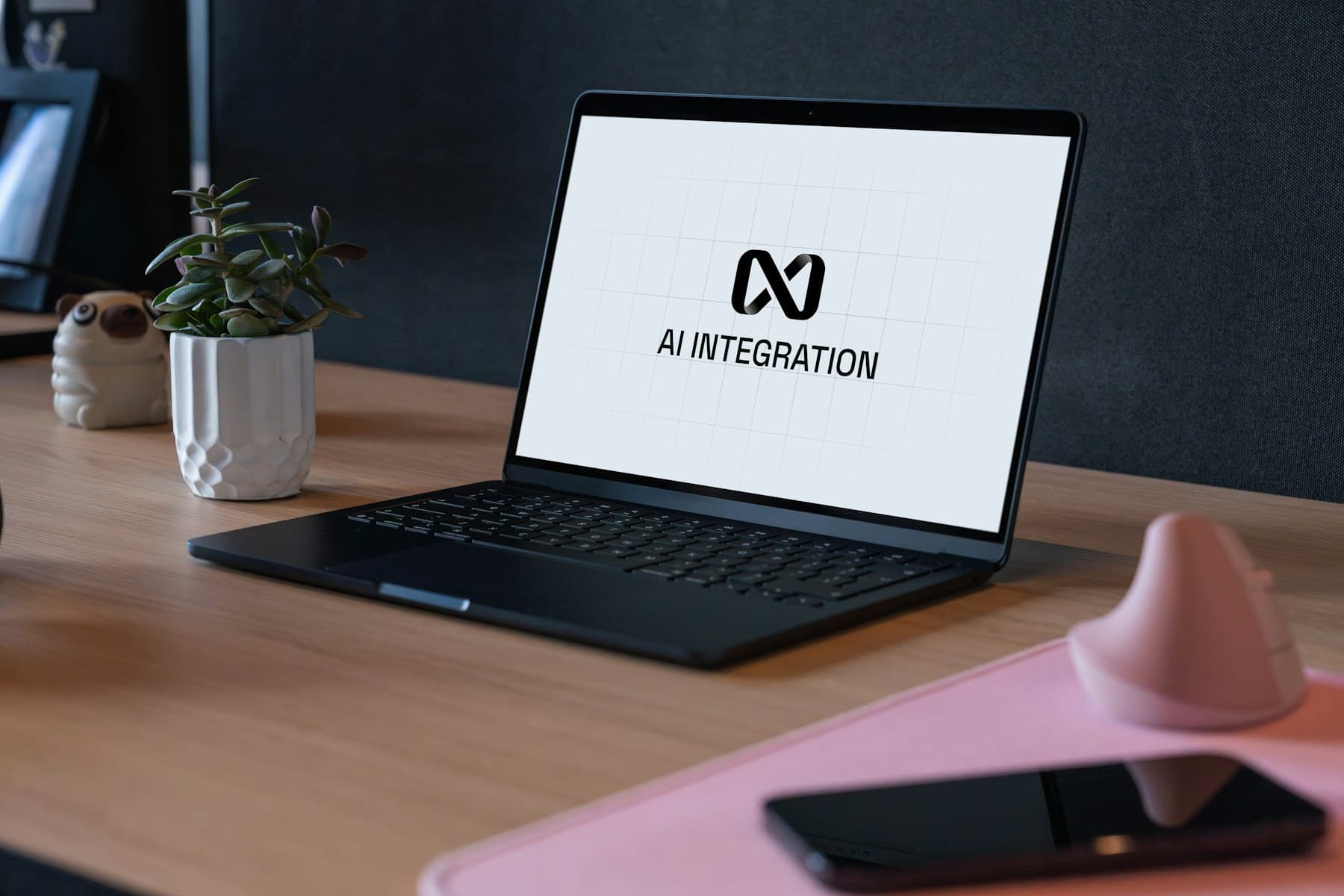 A business professional using a laptop with an AI integration interface in a modern office.