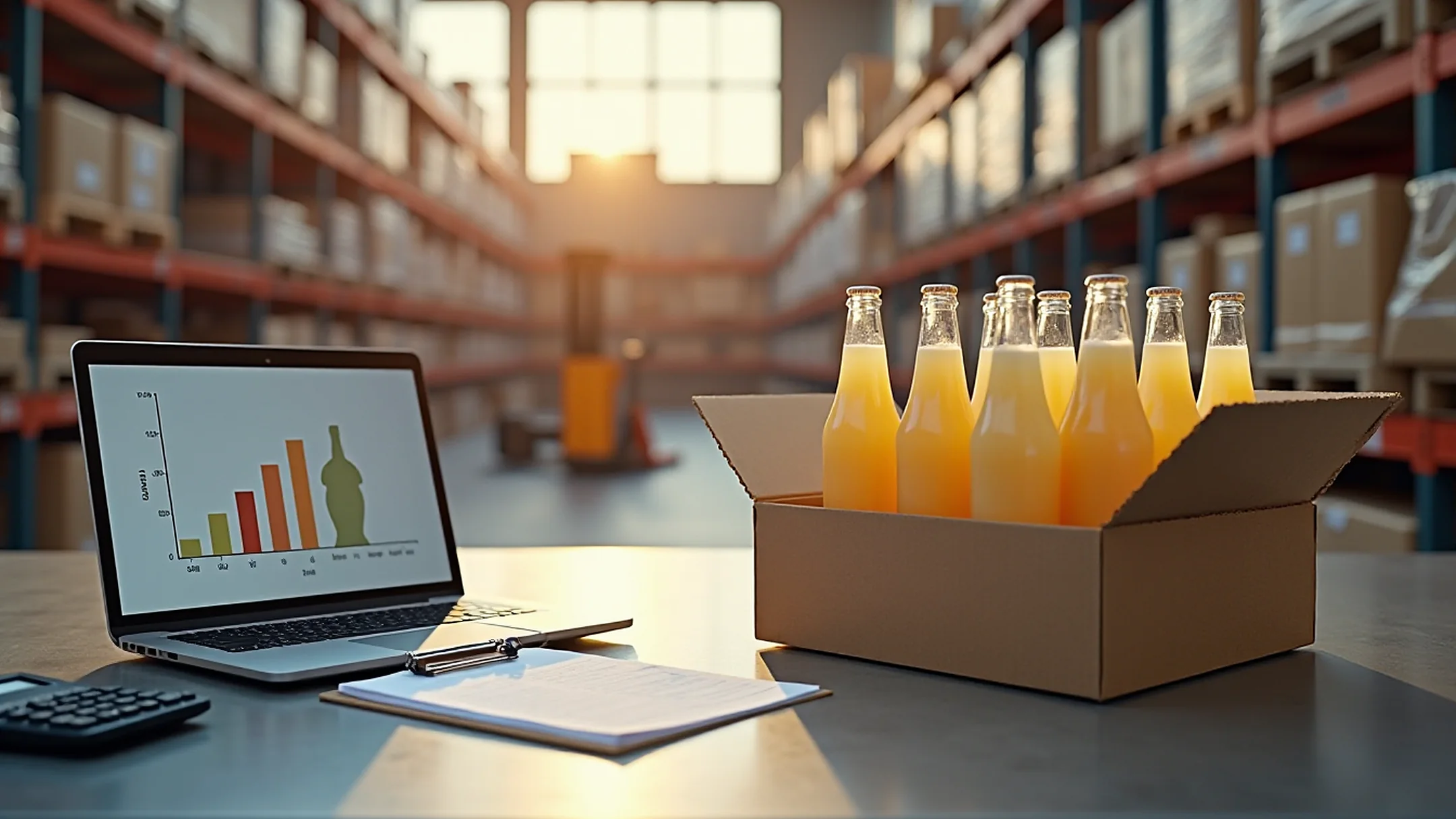 Editorial photo of a CPG brand's planning table with product samples, a printed P&L, and a warehouse in the background.