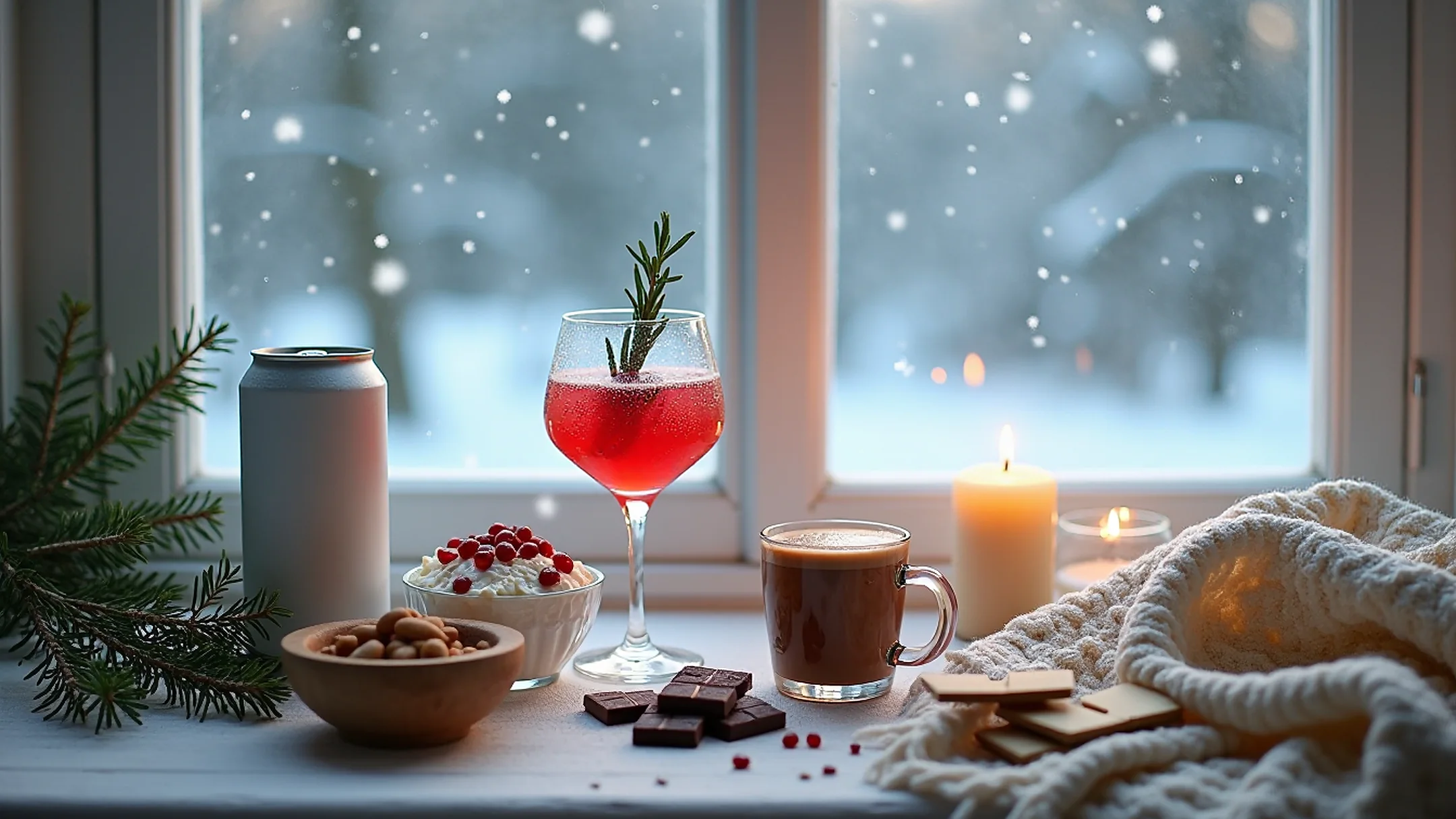 Winter still life of a cranberry mocktail, an unlabeled can, cottage cheese with pomegranate, hot cocoa, nuts, and dark chocolate beside a snowy window.