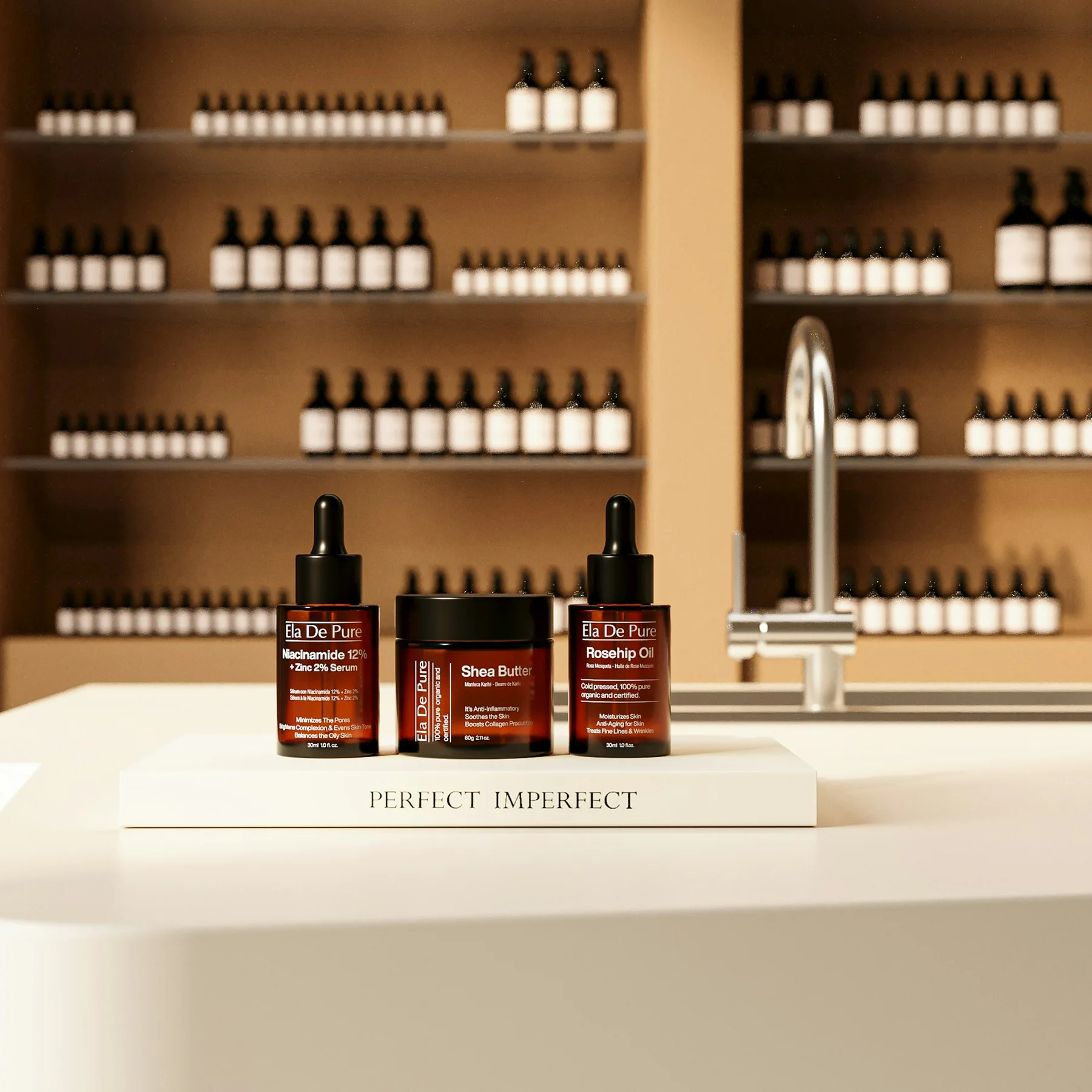 Ela De Pure skincare products staged in a premium wellness retail display